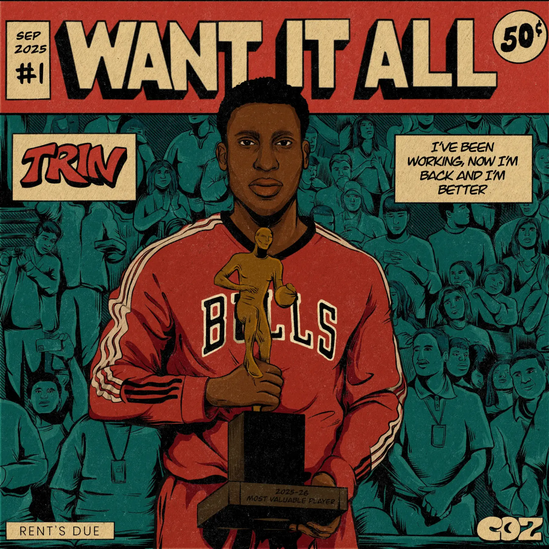 Want It All comic-inspired album cover for TRIN