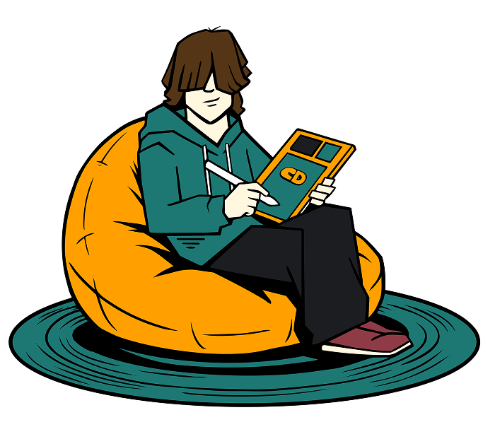 Cozy Designs mascot sketching on a bean bag